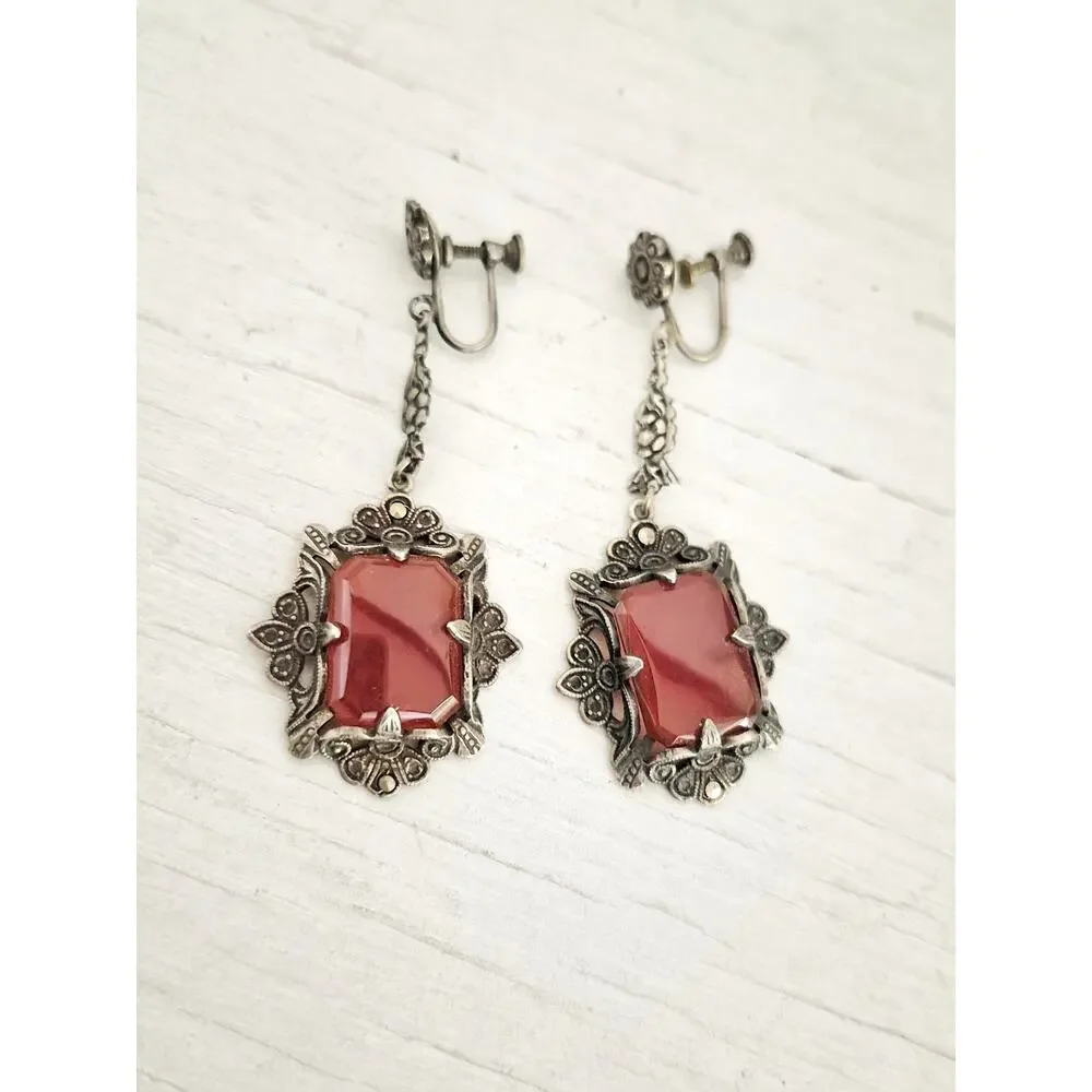 Vintage Victorian Art Deco Sterling Silver Carnelian Marcasite Dangle Earrings